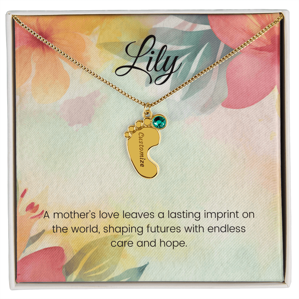 Engraved Baby Feet Necklace with Birthstone – A Mother's Love Leaves a Lasting Imprint on the World | Ideal Gift for New Moms