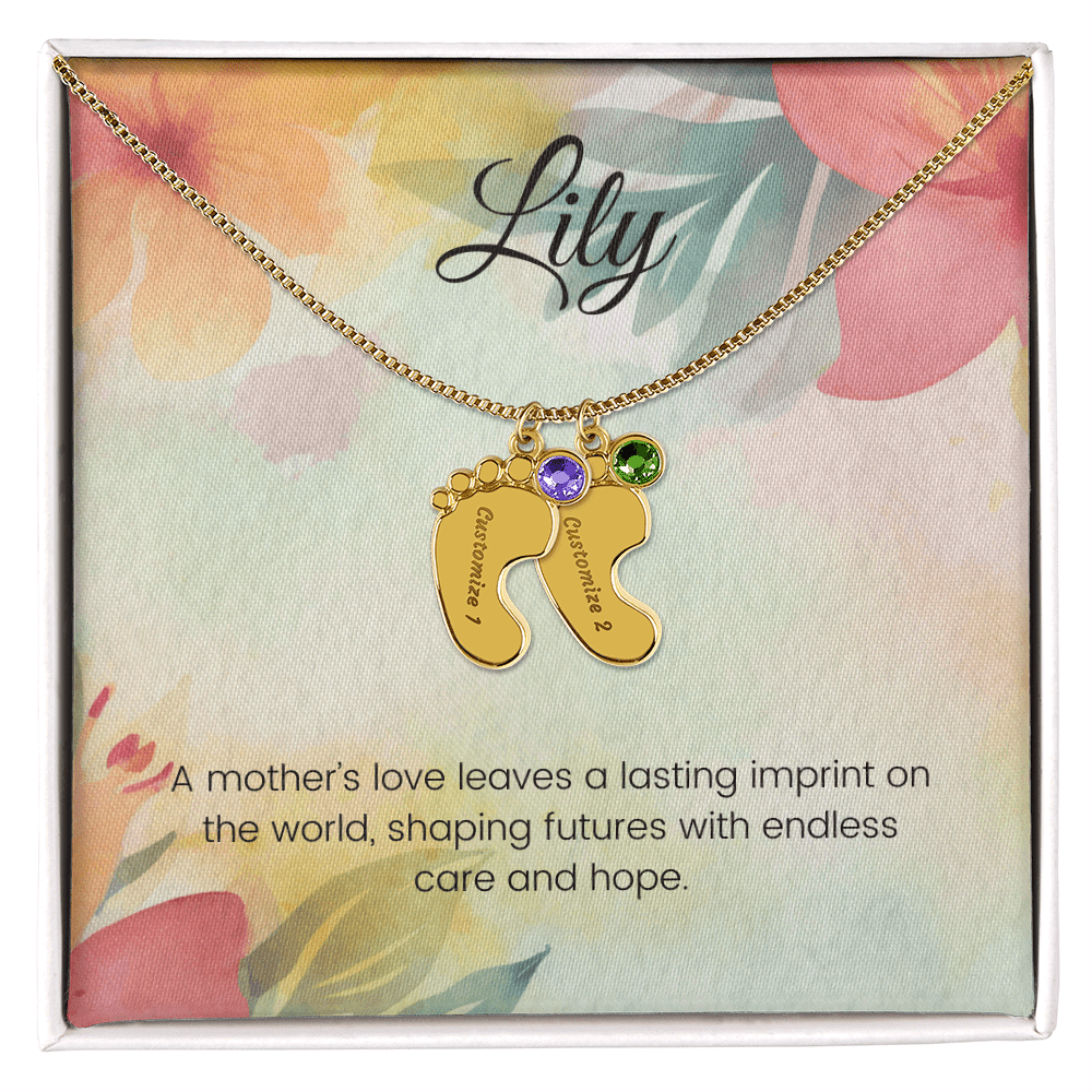 Engraved Baby Feet Necklace with Birthstone – A Mother's Love Leaves a Lasting Imprint on the World | Ideal Gift for New Moms