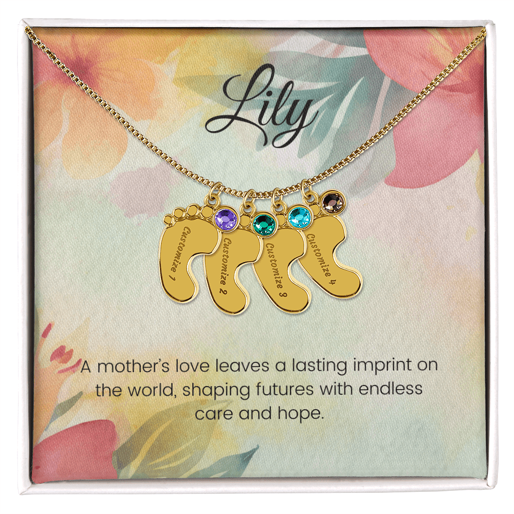 Engraved Baby Feet Necklace with Birthstone – A Mother's Love Leaves a Lasting Imprint on the World | Ideal Gift for New Moms