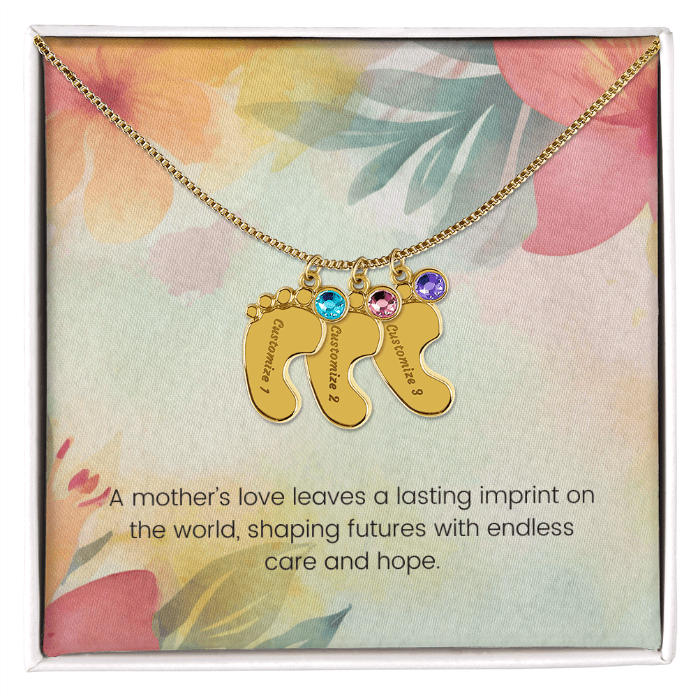 Engraved Baby Feet Necklace with Birthstone – A Mother's Love Leaves a Lasting Imprint on the World | Ideal Gift for New Moms