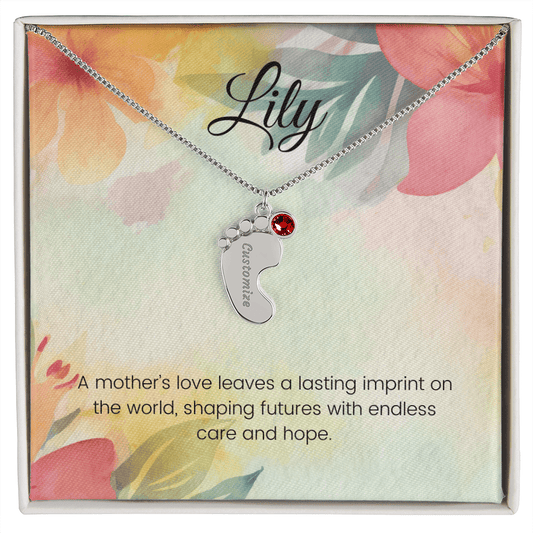 Engraved Baby Feet Necklace with Birthstone – A Mother's Love Leaves a Lasting Imprint on the World | Ideal Gift for New Moms