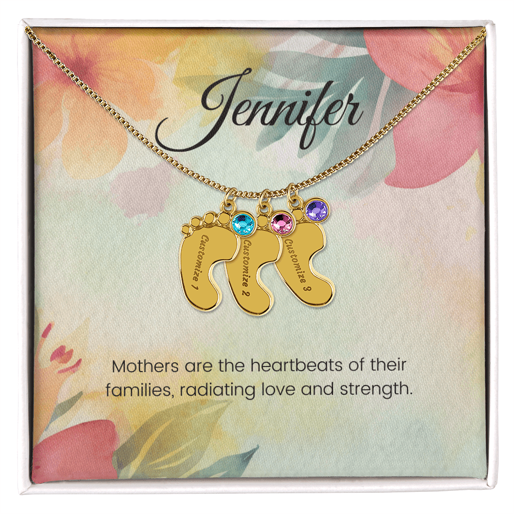 Engraved Baby Feet Necklace with Birthstone – A Mother's Love, Radiating Strength & Love | Perfect Gift for Moms & New Moms
