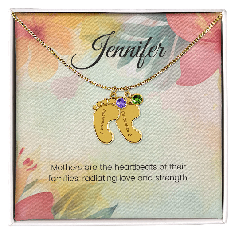 Engraved Baby Feet Necklace with Birthstone – A Mother's Love, Radiating Strength & Love | Perfect Gift for Moms & New Moms