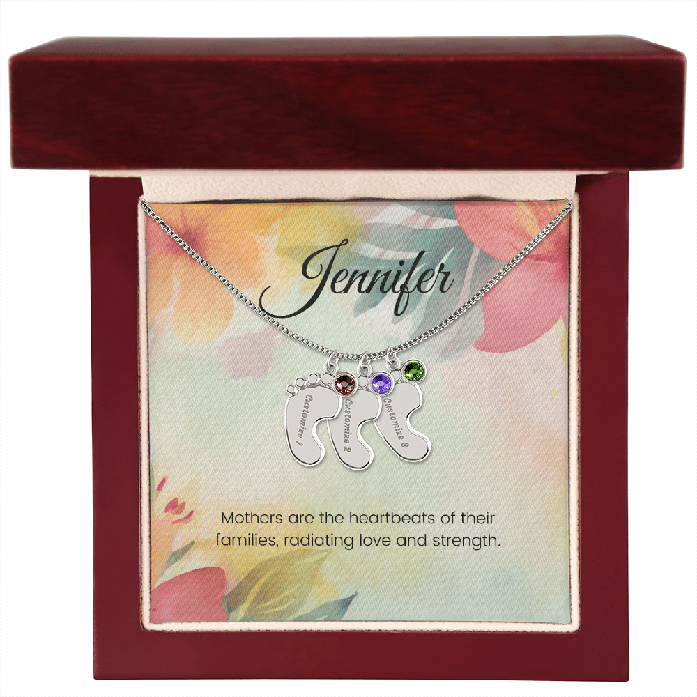 Engraved Baby Feet Necklace with Birthstone – A Mother's Love, Radiating Strength & Love | Perfect Gift for Moms & New Moms