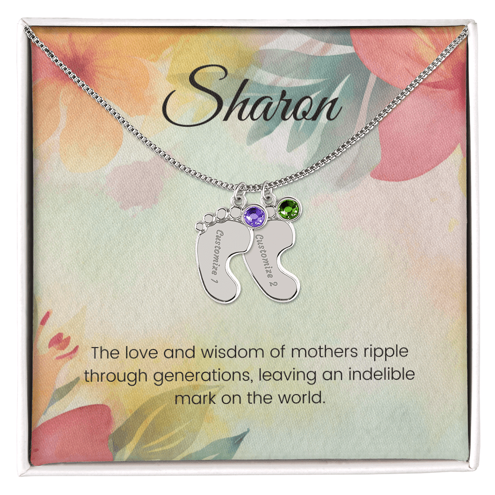 Engraved Baby Feet Necklace with Birthstone – A Mother's Love Ripples Through Generations | Ideal Gift for New Moms