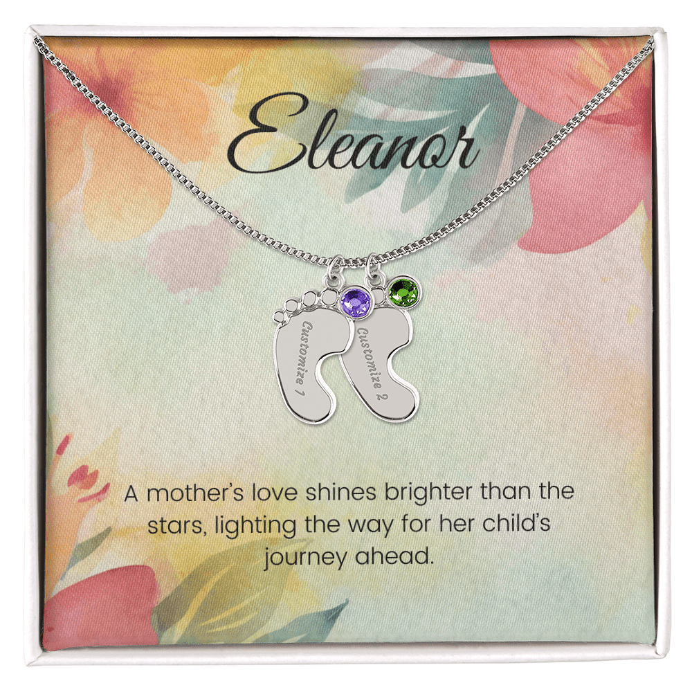 Engraved Baby Feet Necklace with Birthstone – A Mother's Love Shines Bright, Lighting the Way Ahead | Ideal Gift for New Moms