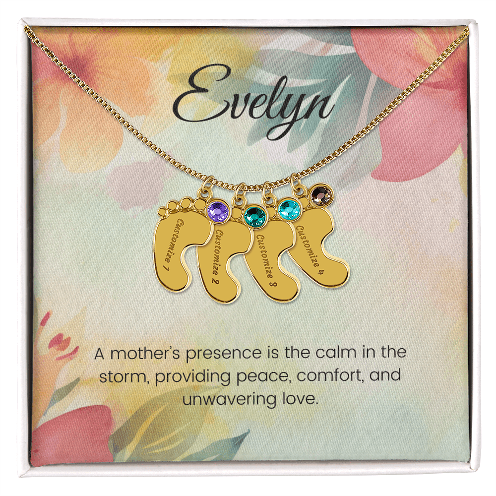Engraved Baby Feet Necklace with Birthstone – A Mother's Presence: Calm in the Storm & Unwavering Love | Gift for New Moms