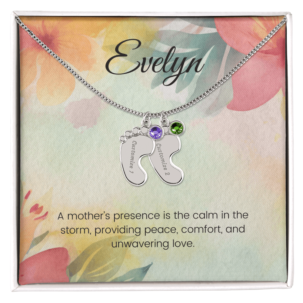 Engraved Baby Feet Necklace with Birthstone – A Mother's Presence: Calm in the Storm & Unwavering Love | Gift for New Moms