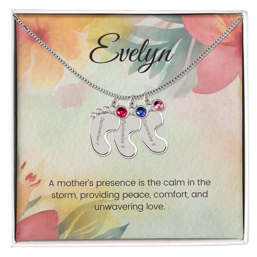 Engraved Baby Feet Necklace with Birthstone – A Mother's Presence: Calm in the Storm & Unwavering Love | Gift for New Moms
