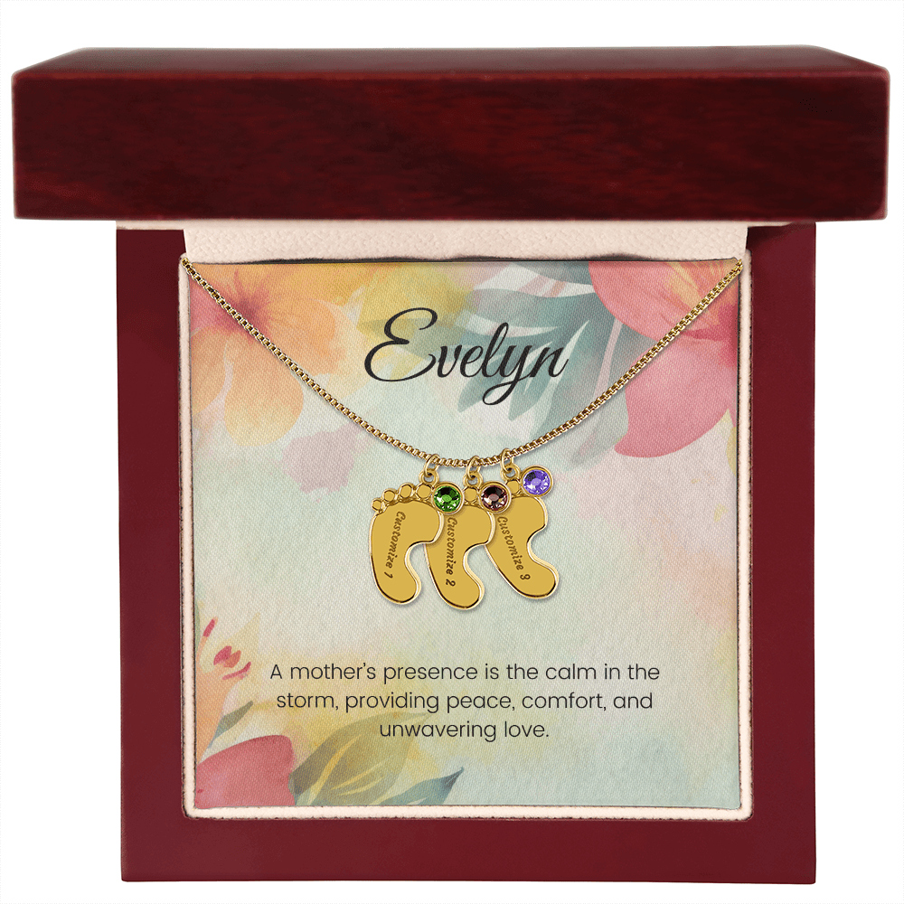Engraved Baby Feet Necklace with Birthstone – A Mother's Presence: Calm in the Storm & Unwavering Love | Gift for New Moms