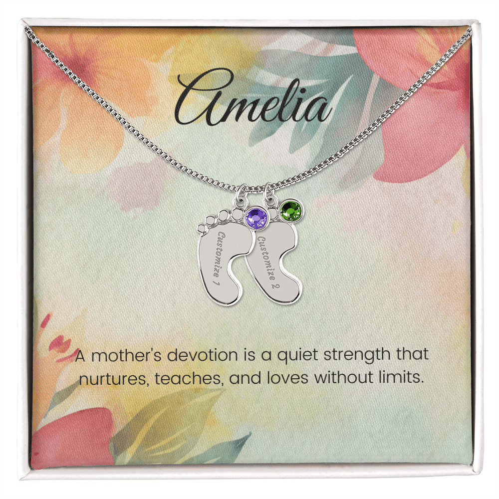 Engraved Baby Feet Necklace with Birthstone – A Mother's Quiet Strength, Nurturing & Loving | Perfect Gift for New Moms
