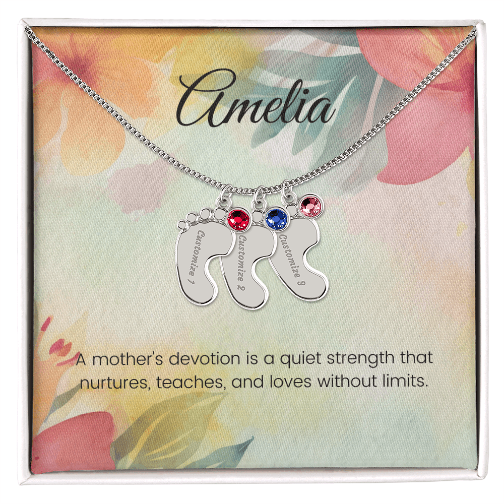 Engraved Baby Feet Necklace with Birthstone – A Mother's Quiet Strength, Nurturing & Loving | Perfect Gift for New Moms