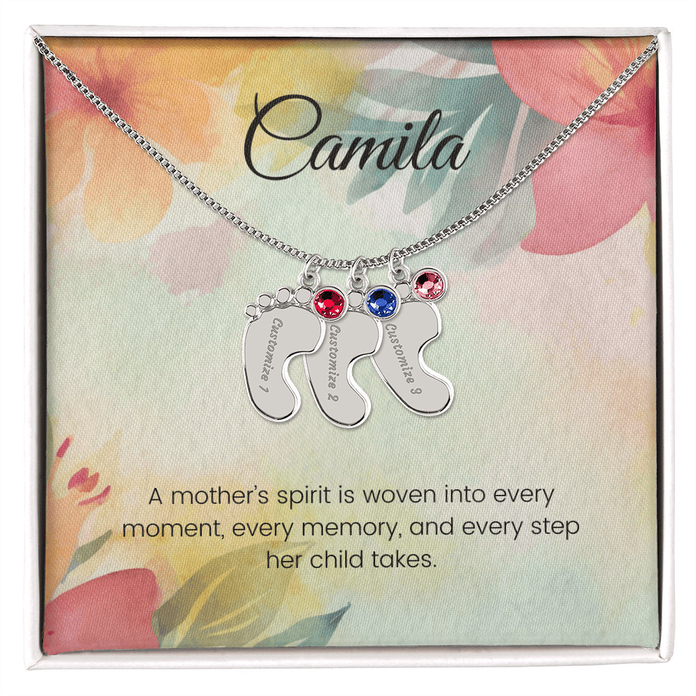 Engraved Baby Feet Necklace with Birthstone – A Mother's Spirit Woven into Every Moment | Gift for New Moms