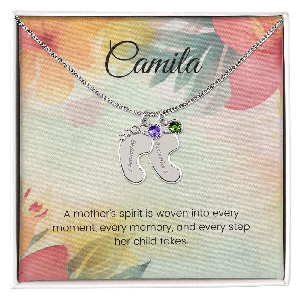 Engraved Baby Feet Necklace with Birthstone – A Mother's Spirit Woven into Every Moment | Gift for New Moms