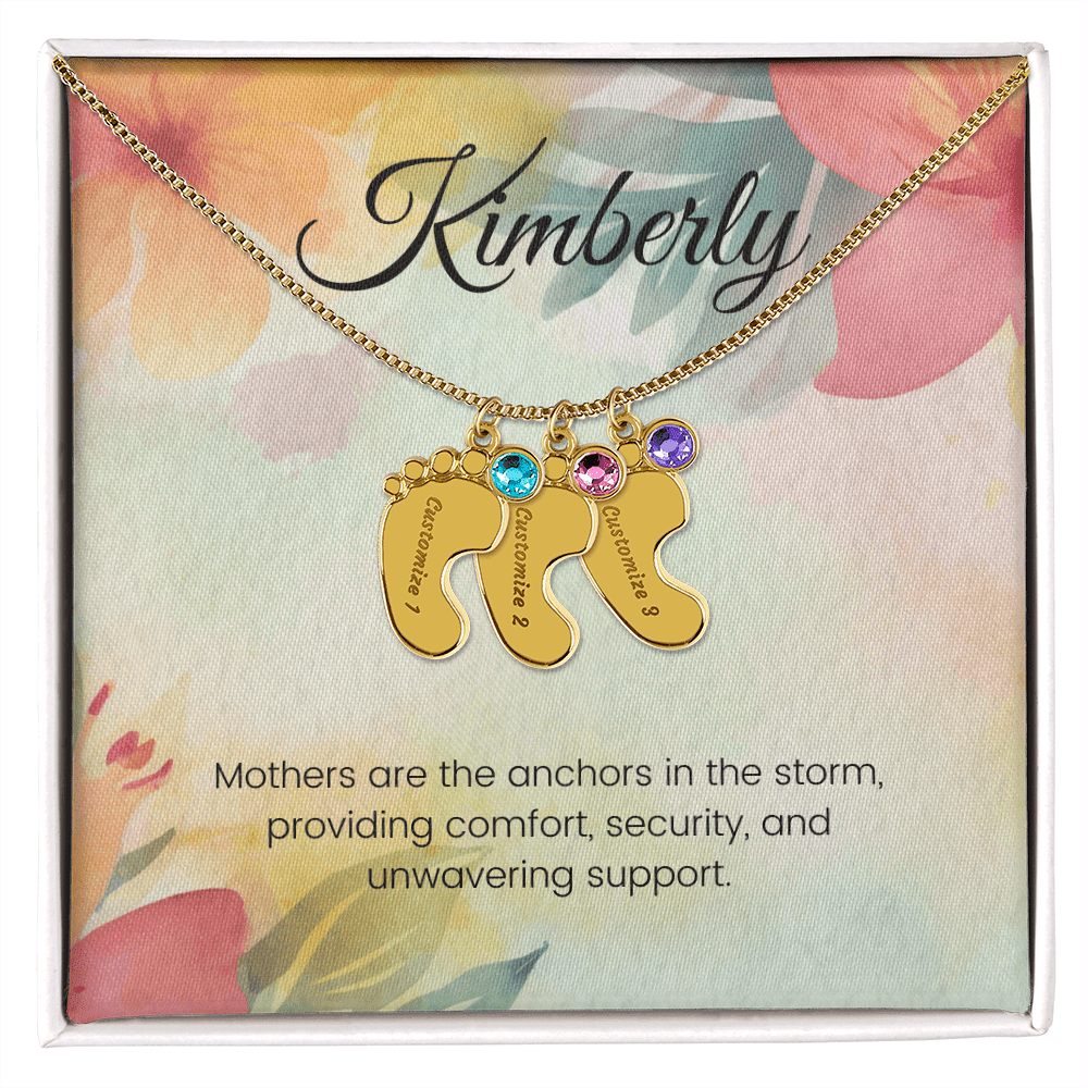 Engraved Baby Feet Necklace with Birthstone – Anchored in Love: A Mother's Comfort & Support | Ideal Gift for New Moms