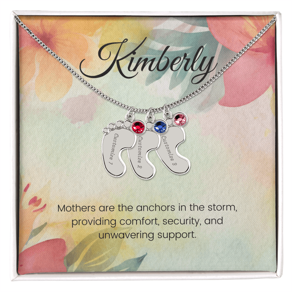 Engraved Baby Feet Necklace with Birthstone – Anchored in Love: A Mother's Comfort & Support | Ideal Gift for New Moms