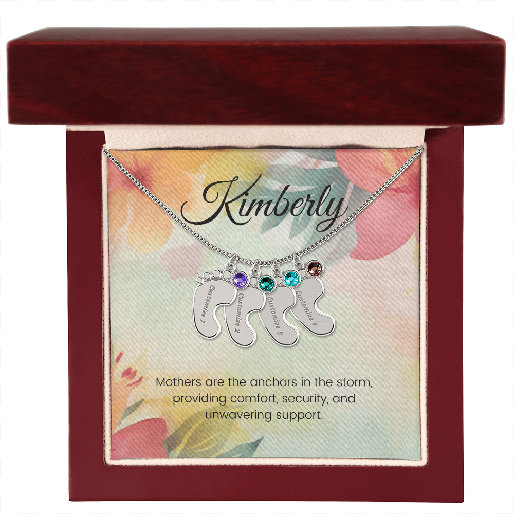 Engraved Baby Feet Necklace with Birthstone – Anchored in Love: A Mother's Comfort & Support | Ideal Gift for New Moms
