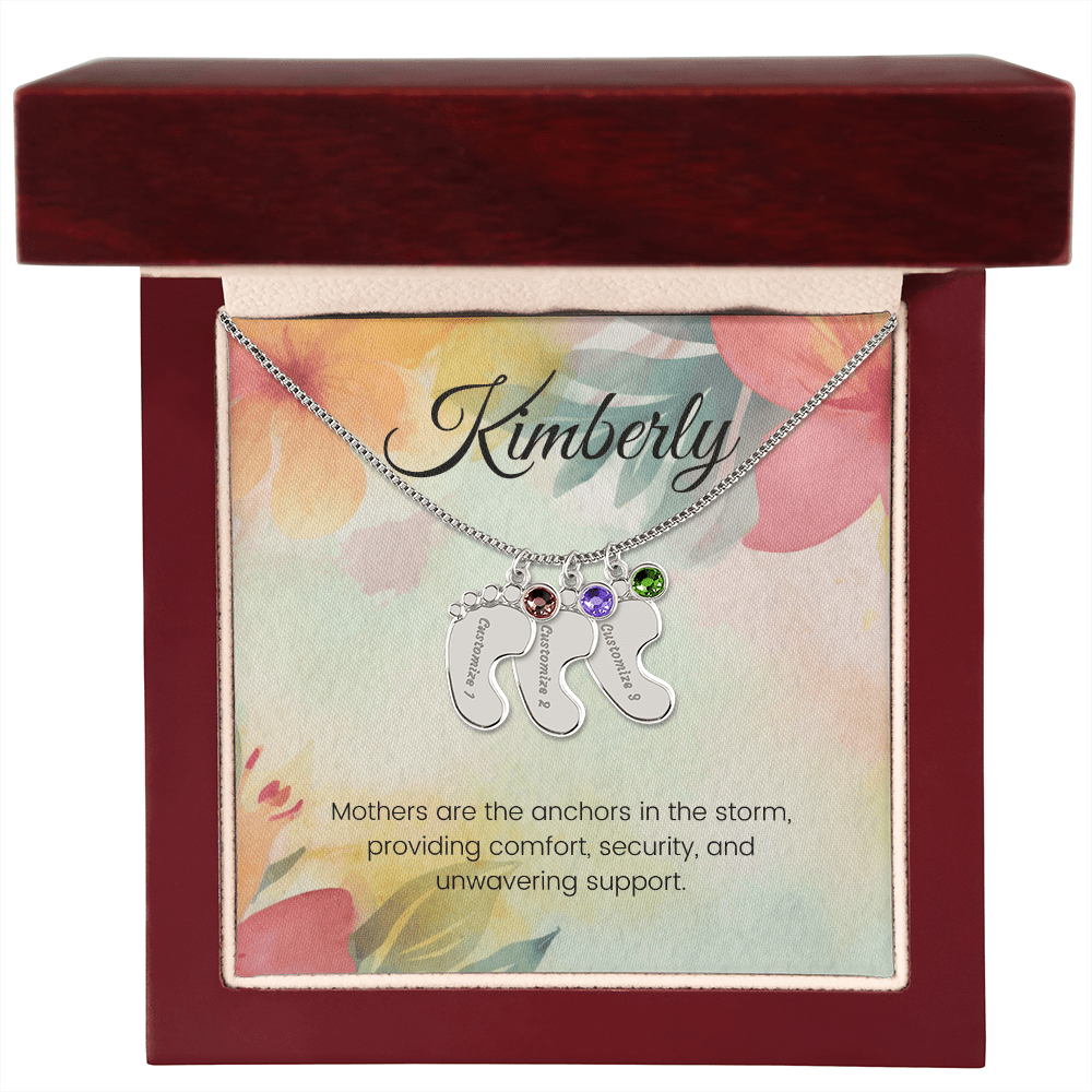 Engraved Baby Feet Necklace with Birthstone – Anchored in Love: A Mother's Comfort & Support | Ideal Gift for New Moms
