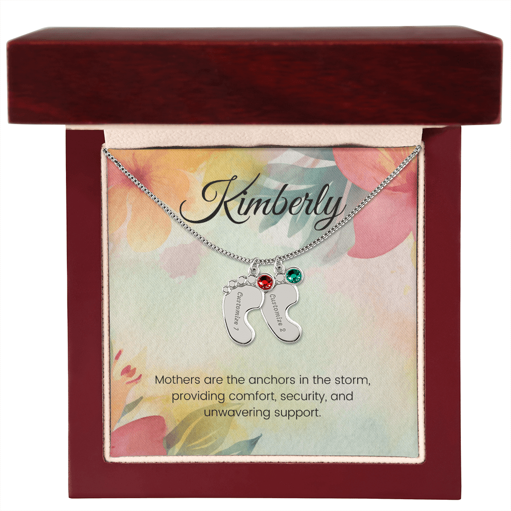 Engraved Baby Feet Necklace with Birthstone – Anchored in Love: A Mother's Comfort & Support | Ideal Gift for New Moms