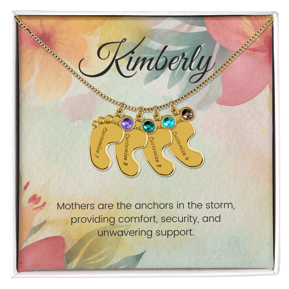 Engraved Baby Feet Necklace with Birthstone – Anchored in Love: A Mother's Comfort & Support | Ideal Gift for New Moms