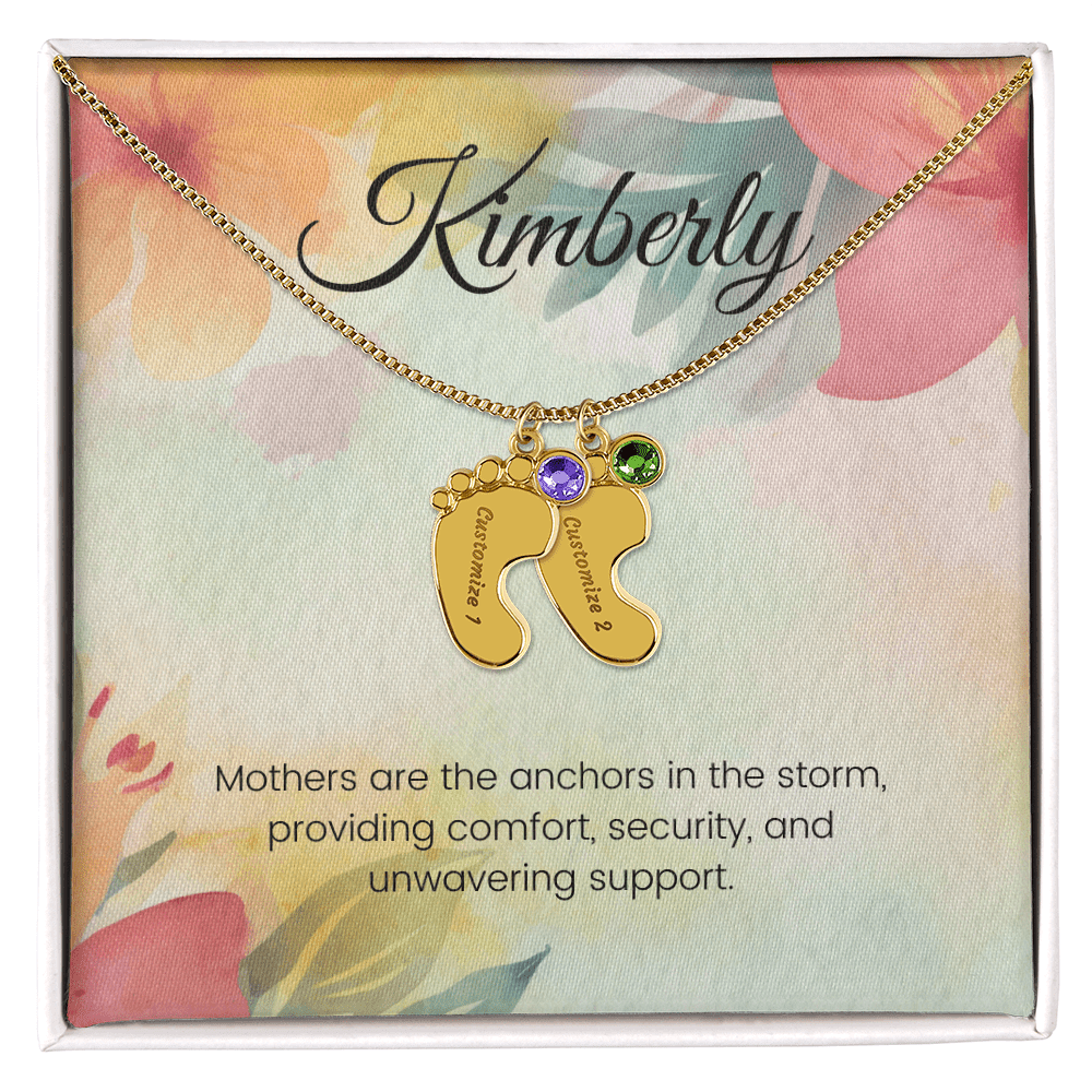 Engraved Baby Feet Necklace with Birthstone – Anchored in Love: A Mother's Comfort & Support | Ideal Gift for New Moms
