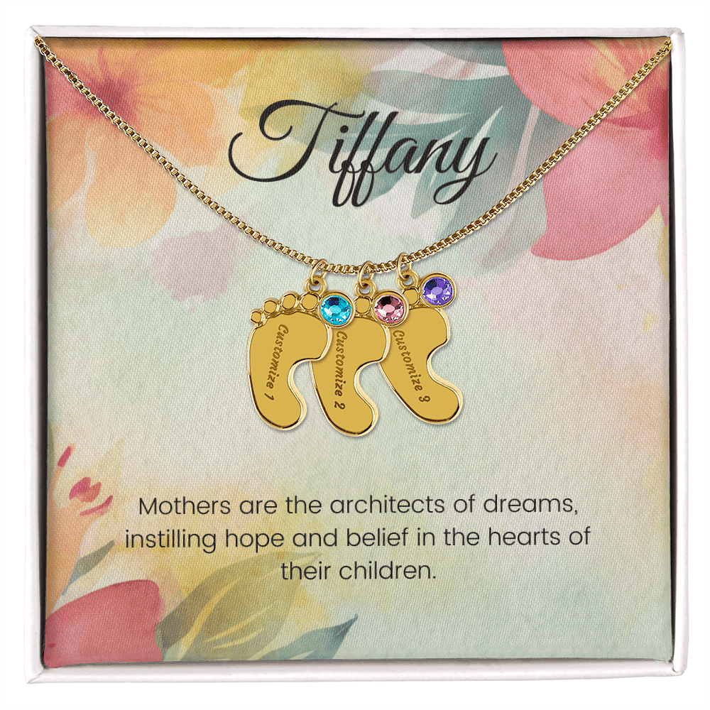 Engraved Baby Feet Necklace with Birthstone – Architects of Dreams: Love, Hope & Belief | Ideal Gift for Moms & New Moms