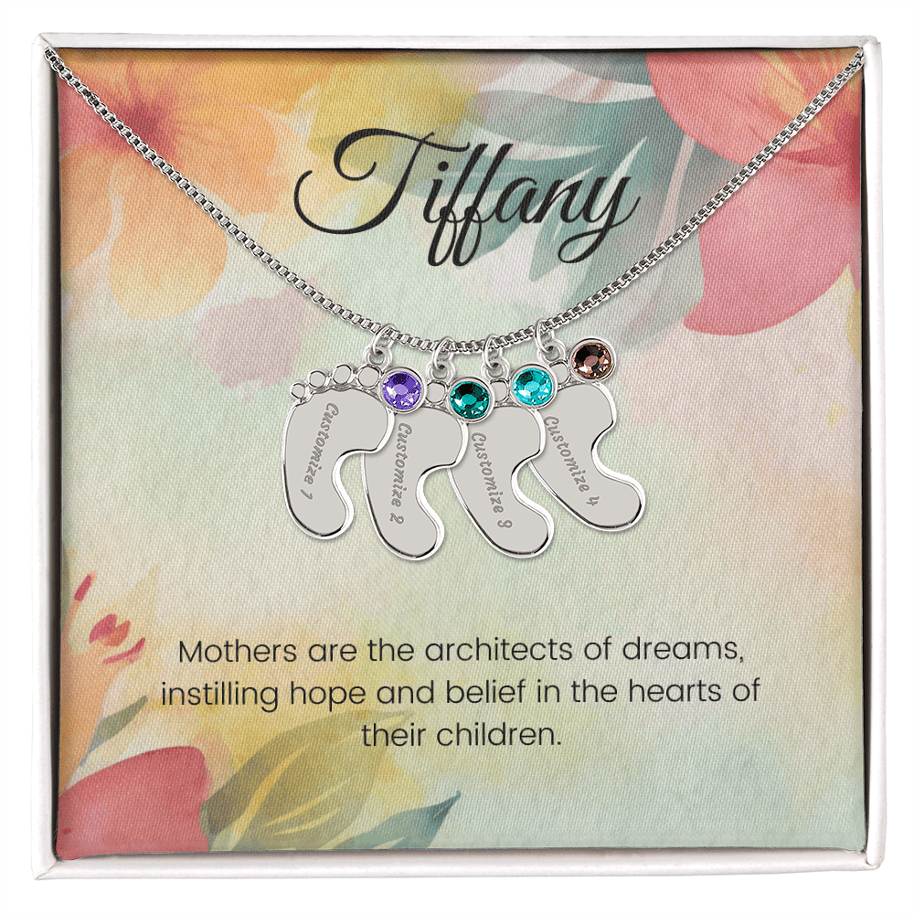 Engraved Baby Feet Necklace with Birthstone – Architects of Dreams: Love, Hope & Belief | Ideal Gift for Moms & New Moms