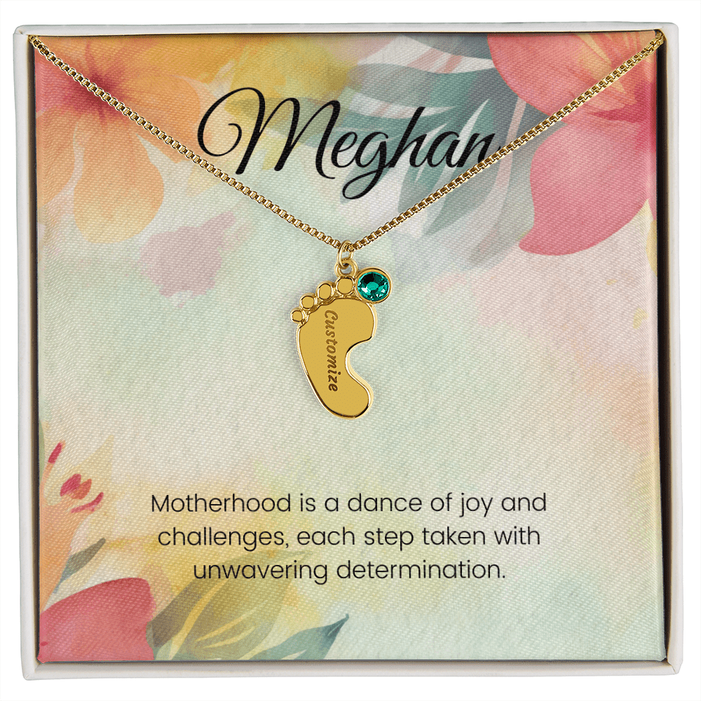 Engraved Baby Feet Necklace with Birthstone – Dance of Motherhood: Joy, Challenges & Unwavering Determination | Gift for New Moms