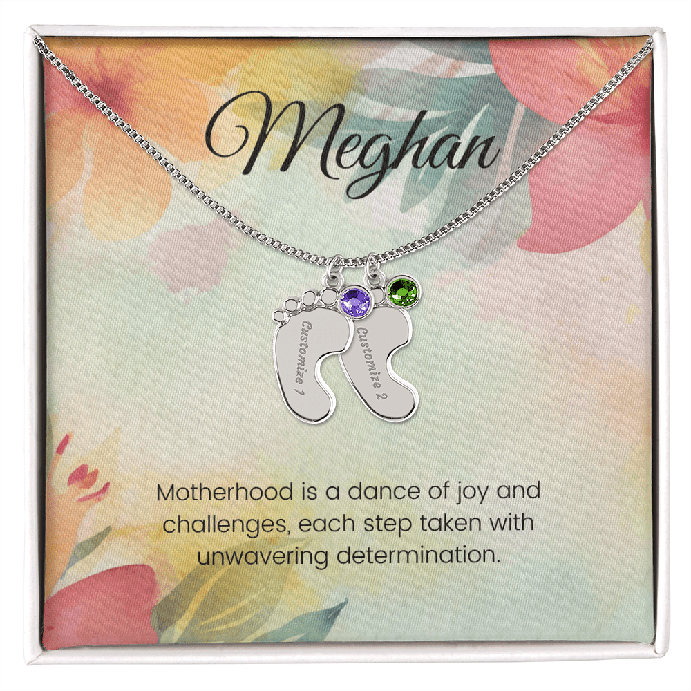Engraved Baby Feet Necklace with Birthstone – Dance of Motherhood: Joy, Challenges & Unwavering Determination | Gift for New Moms
