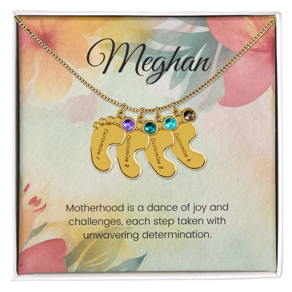 Engraved Baby Feet Necklace with Birthstone – Dance of Motherhood: Joy, Challenges & Unwavering Determination | Gift for New Moms
