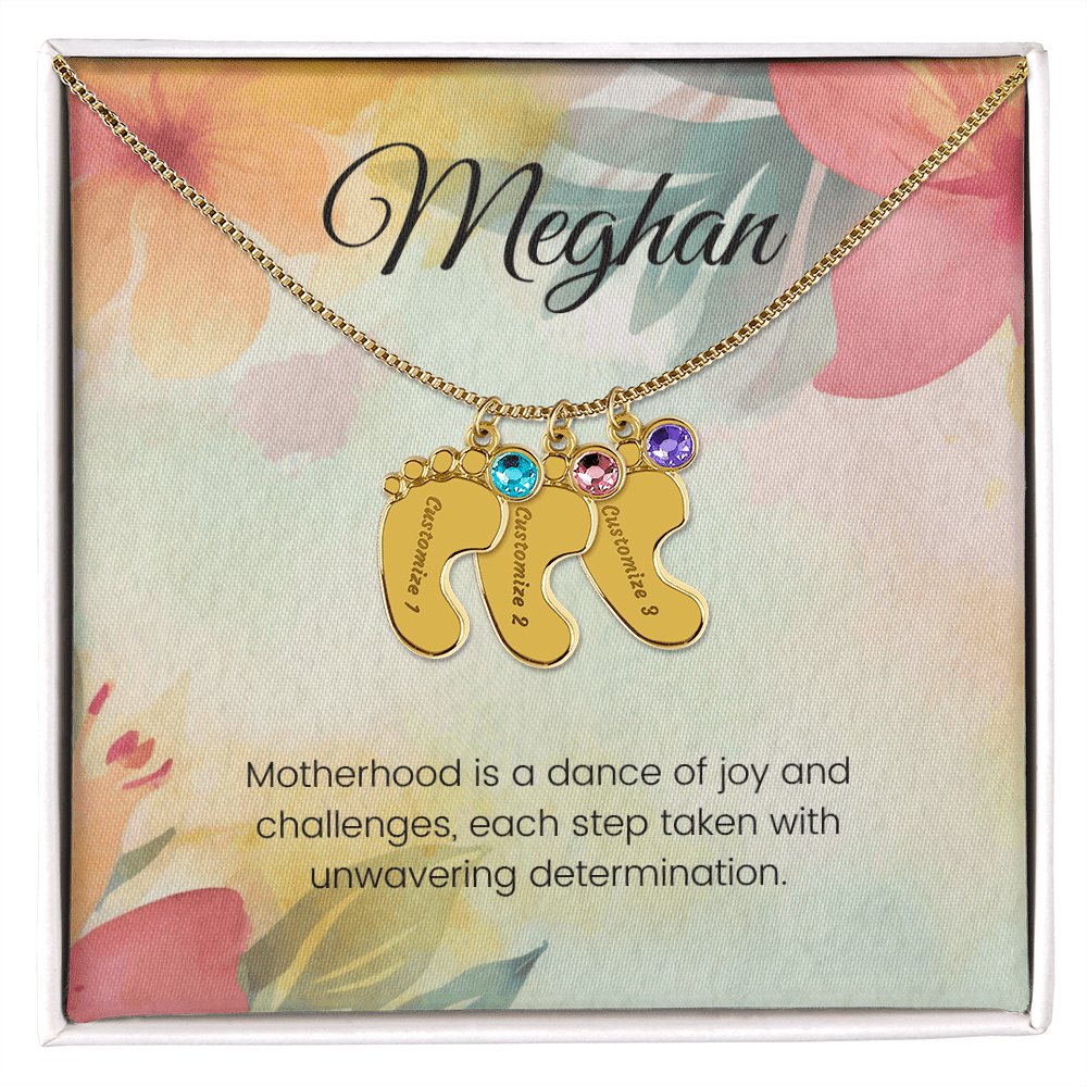 Engraved Baby Feet Necklace with Birthstone – Dance of Motherhood: Joy, Challenges & Unwavering Determination | Gift for New Moms