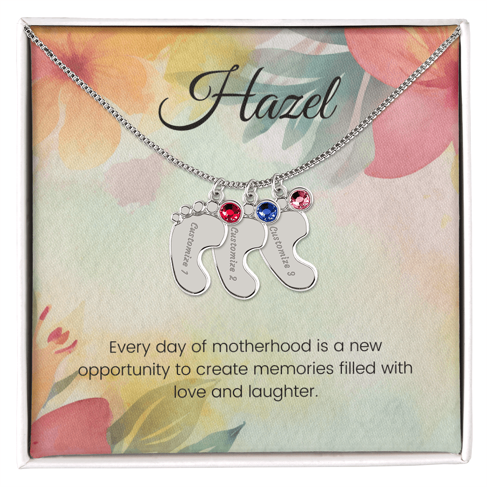 Engraved Baby Feet Necklace with Birthstone – Every Day of Motherhood: Filled with Love & Laughter | Gift for New Moms