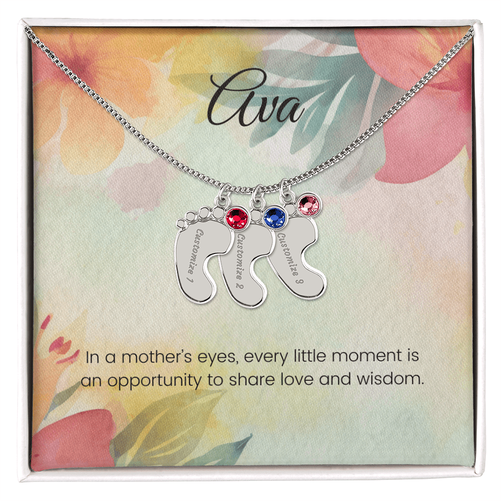 Engraved Baby Feet Necklace with Birthstone – Every Moment in a Mother's Eyes is Full of Love & Wisdom | Perfect Gift for New Moms