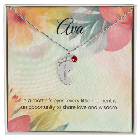 Engraved Baby Feet Necklace with Birthstone – Every Moment in a Mother's Eyes is Full of Love & Wisdom | Perfect Gift for New Moms