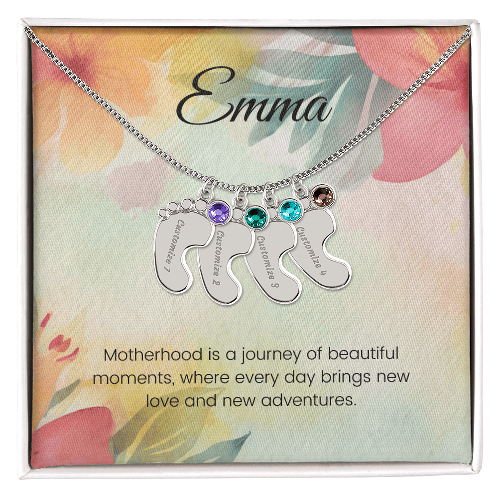 Engraved Baby Feet Necklace with Birthstone – Journey of Beautiful Moments & New Adventures | Gift for New Moms