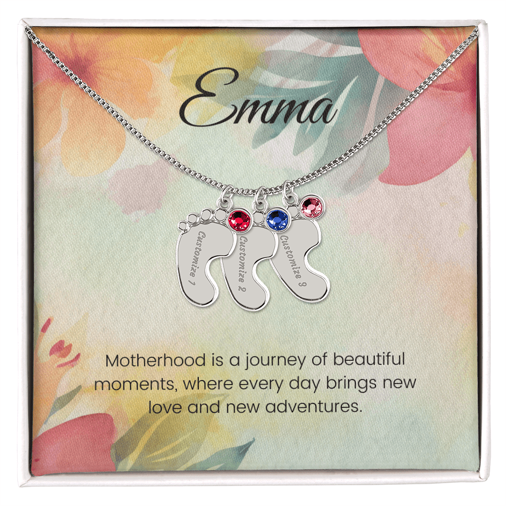 Engraved Baby Feet Necklace with Birthstone – Journey of Beautiful Moments & New Adventures | Gift for New Moms