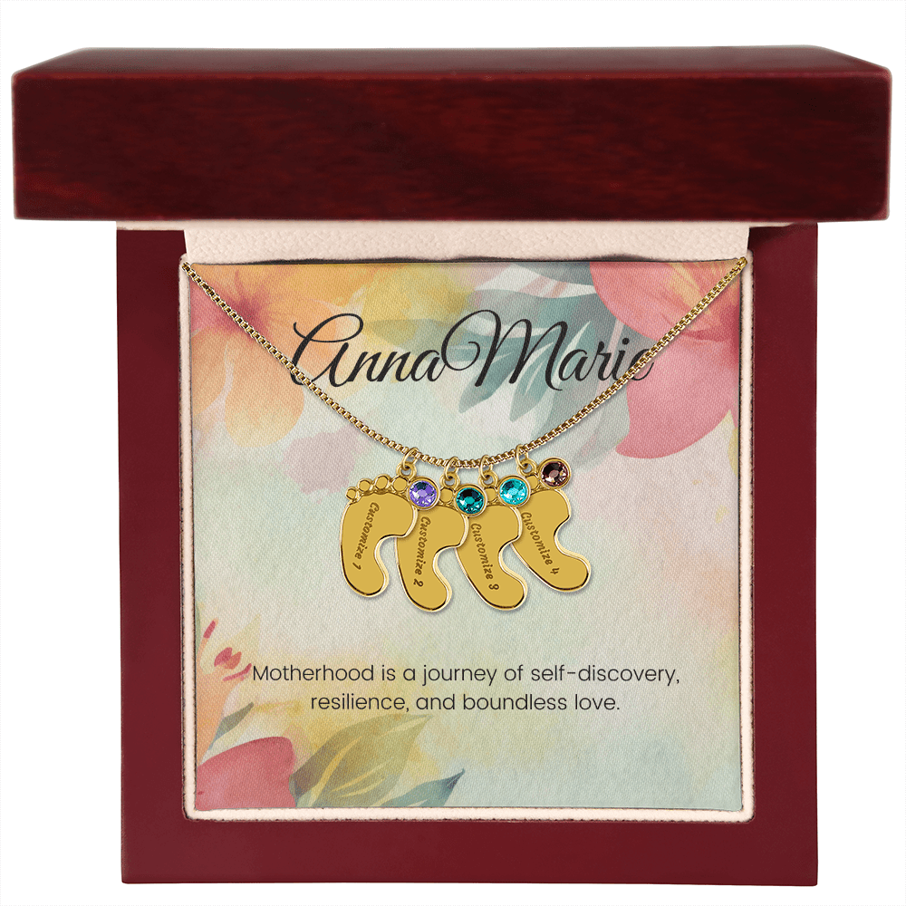 Engraved Baby Feet Necklace with Birthstone – Journey of Self-Discovery & Boundless Love | Gift for New Moms