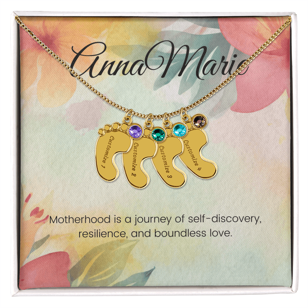 Engraved Baby Feet Necklace with Birthstone – Journey of Self-Discovery & Boundless Love | Gift for New Moms