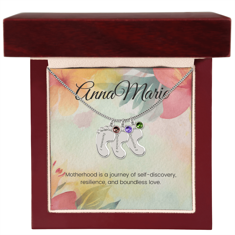 Engraved Baby Feet Necklace with Birthstone – Journey of Self-Discovery & Boundless Love | Gift for New Moms