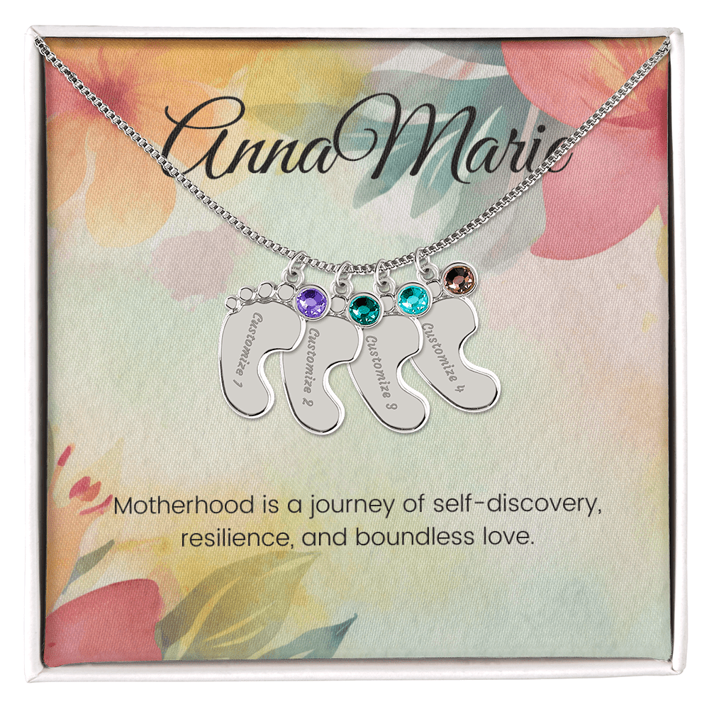 Engraved Baby Feet Necklace with Birthstone – Journey of Self-Discovery & Boundless Love | Gift for New Moms