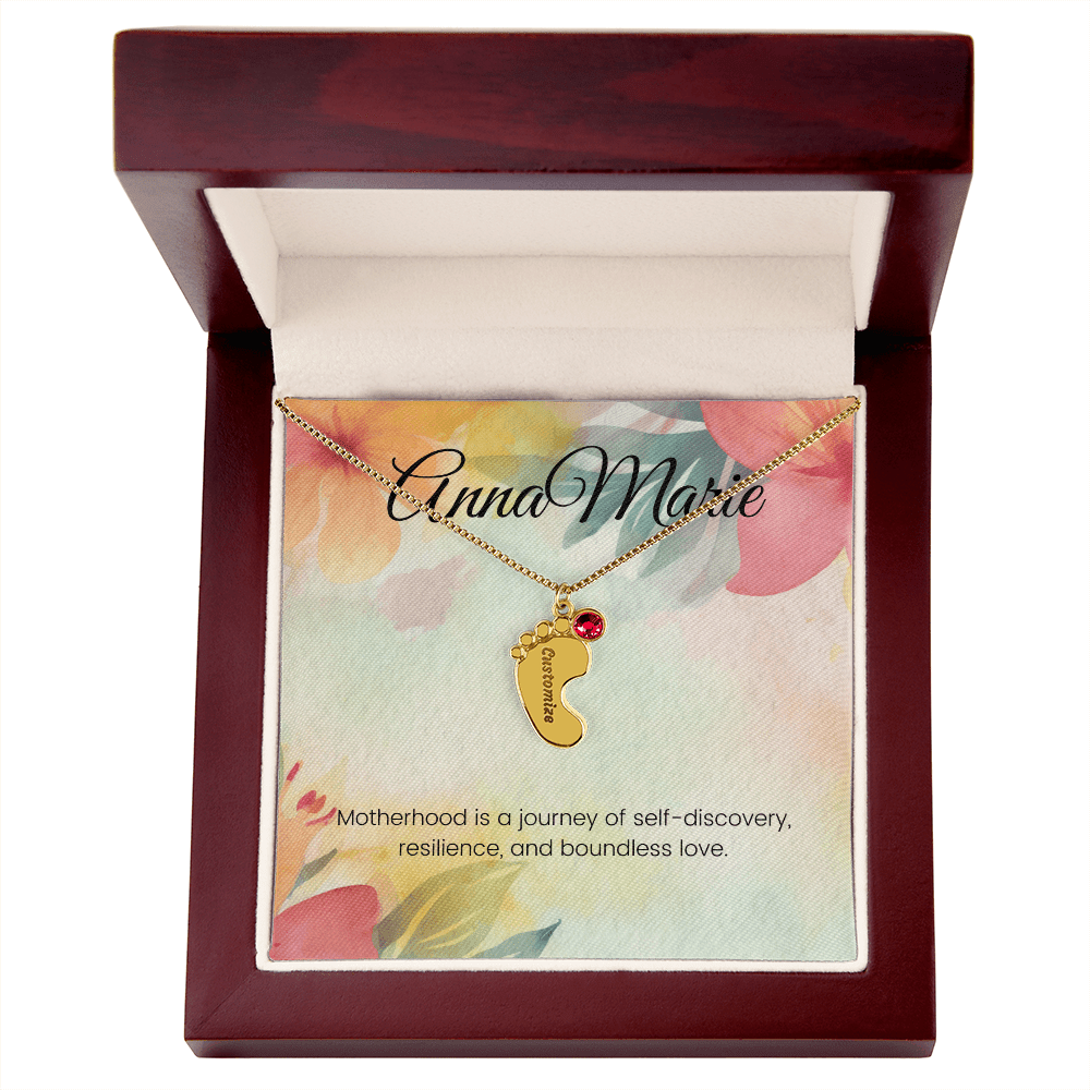 Engraved Baby Feet Necklace with Birthstone – Journey of Self-Discovery & Boundless Love | Gift for New Moms