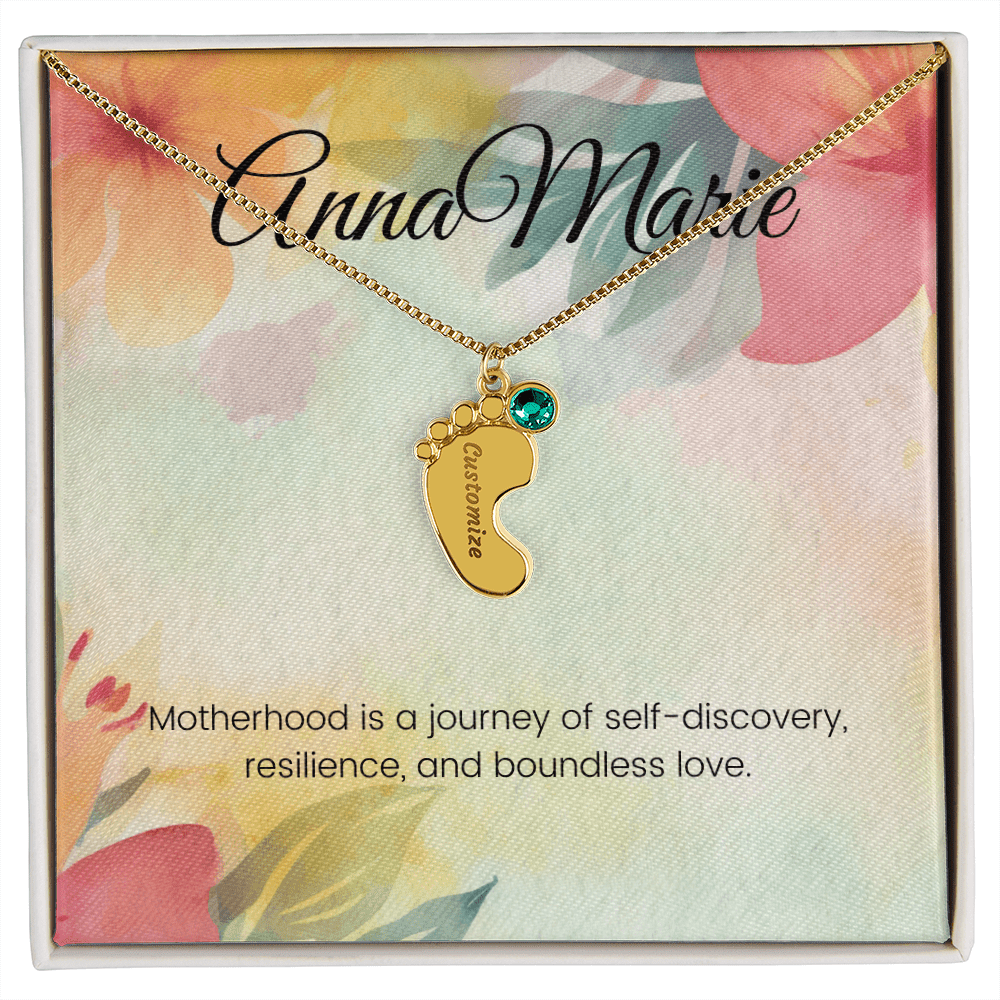 Engraved Baby Feet Necklace with Birthstone – Journey of Self-Discovery & Boundless Love | Gift for New Moms