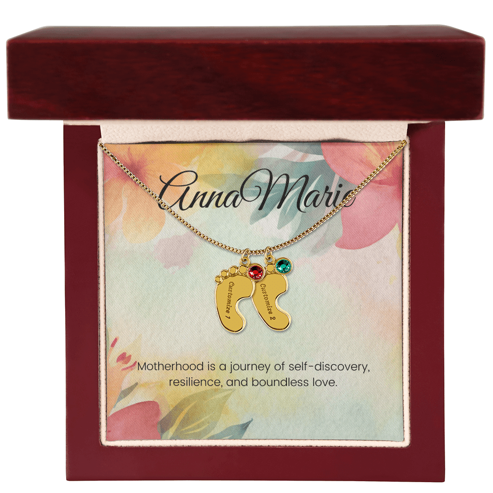 Engraved Baby Feet Necklace with Birthstone – Journey of Self-Discovery & Boundless Love | Gift for New Moms