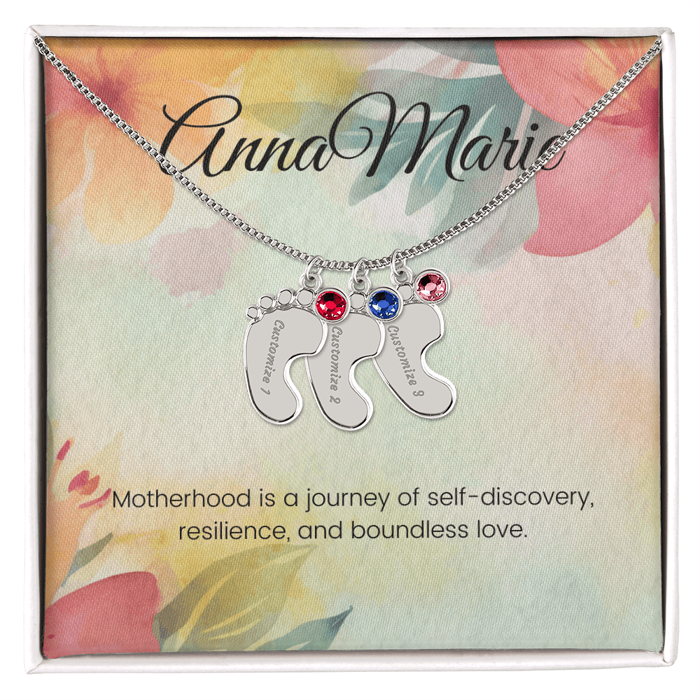 Engraved Baby Feet Necklace with Birthstone – Journey of Self-Discovery & Boundless Love | Gift for New Moms