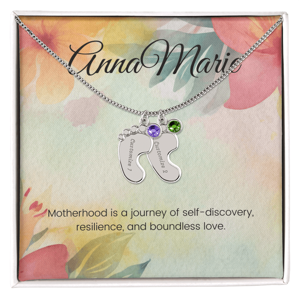 Engraved Baby Feet Necklace with Birthstone – Journey of Self-Discovery & Boundless Love | Gift for New Moms