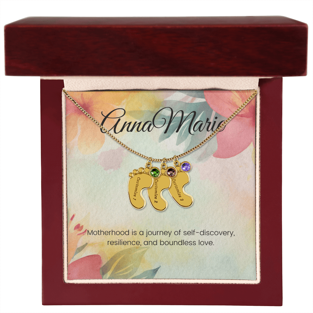 Engraved Baby Feet Necklace with Birthstone – Journey of Self-Discovery & Boundless Love | Gift for New Moms