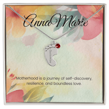 Engraved Baby Feet Necklace with Birthstone – Journey of Self-Discovery & Boundless Love | Gift for New Moms