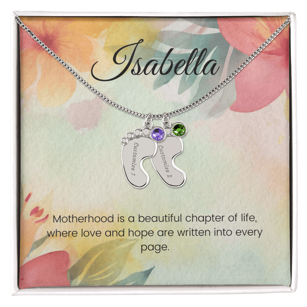 Engraved Baby Feet Necklace with Birthstone – Motherhood: A Beautiful Chapter of Love & Hope | Gift for New Moms