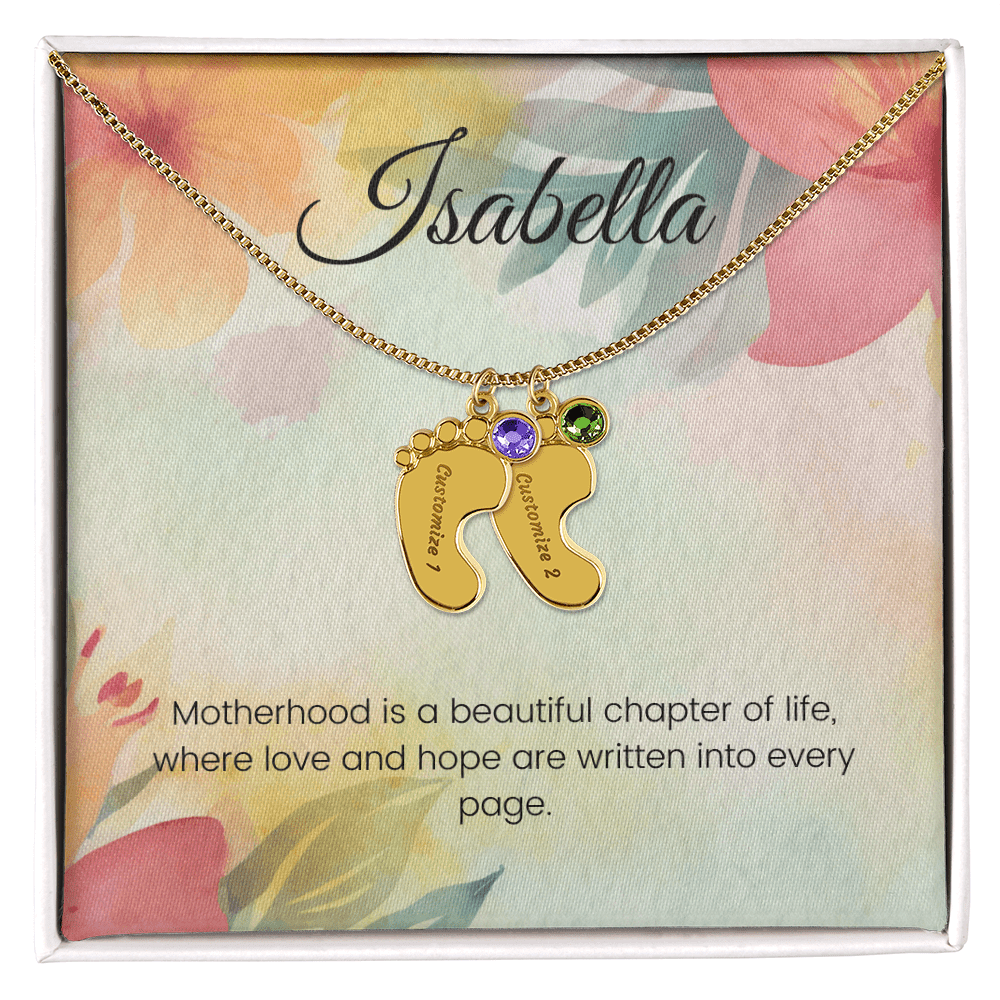 Engraved Baby Feet Necklace with Birthstone – Motherhood: A Beautiful Chapter of Love & Hope | Gift for New Moms