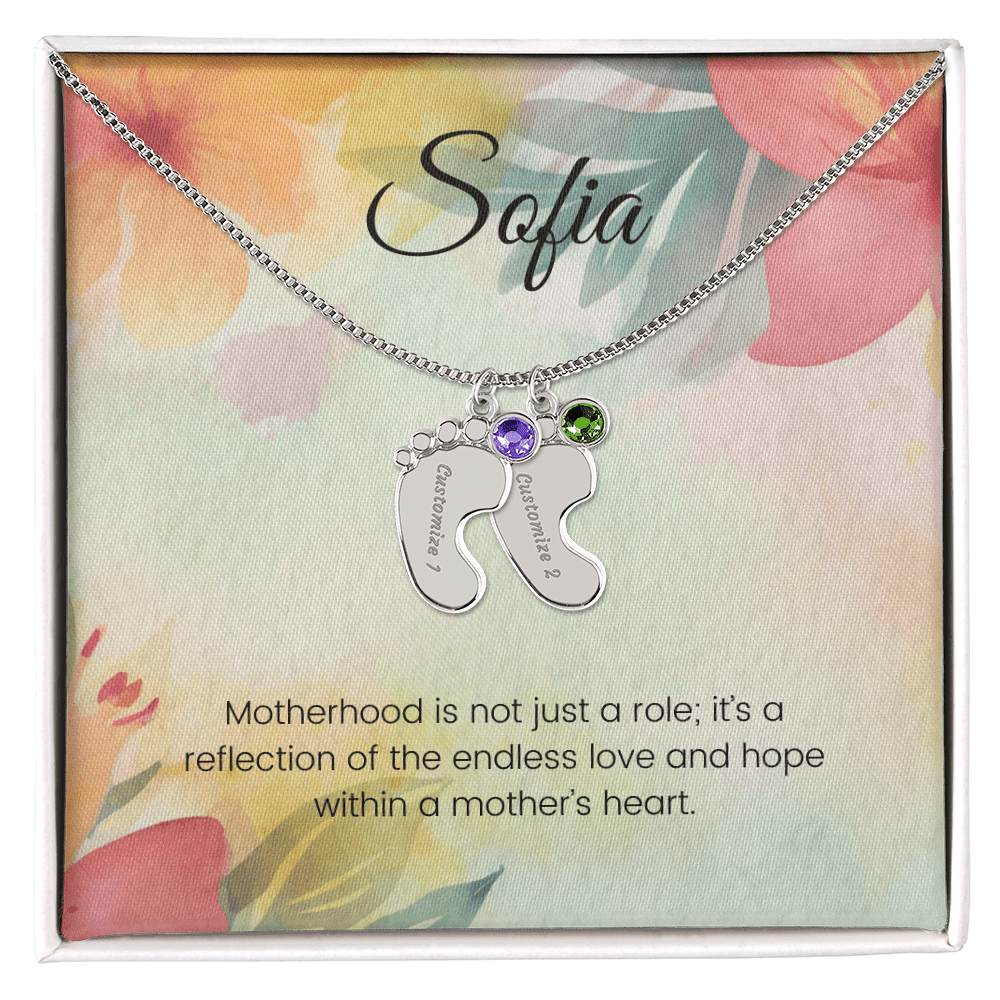 Engraved Baby Feet Necklace with Birthstone – Motherhood: Endless Love & Hope | Perfect Gift for New Moms